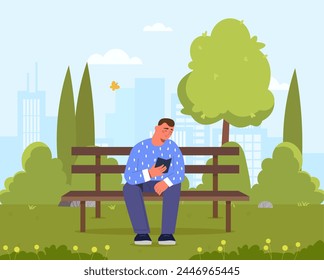 Man with book in park. Young guy sitting at wooden beack read textbook or fiction. Love for reading or literature. Education and learning, training. Cartoon flat vector illustration