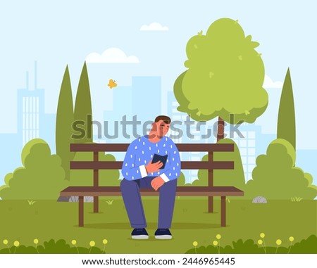 Man with book in park. Young guy sitting at wooden beack read textbook or fiction. Love for reading or literature. Education and learning, training. Cartoon flat vector illustration