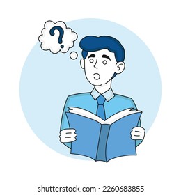 Man with book and question mark in speech bubble. Have a question, research, reading, knowledge, education, ask, literature, analyze information. Vector illustration in blue colors on white background