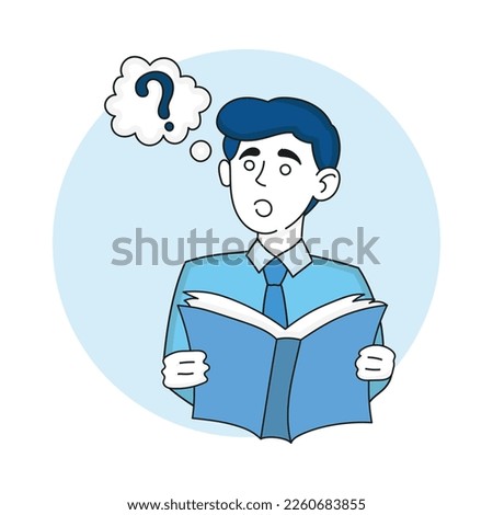Man with book and question mark in speech bubble. Have a question, research, reading, knowledge, education, ask, literature, analyze information. Vector illustration in blue colors on white background