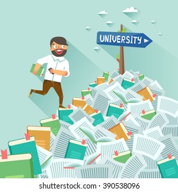 Man with book running up along stairs of books to the university. Concept of education, learning, personal development, successful career start. Vector colorful illustration in flat design