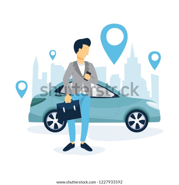 Man book a taxi by a app on the mobile\
phone. Transportation service online. Travel concept. Isolated flat\
vector illustration