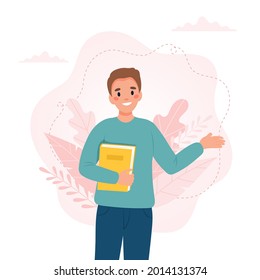Man with a book. Teacher s day, Literacy day concept. Cute vector illustration in flat cartoon style