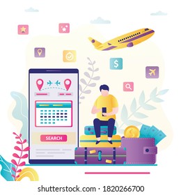 Man book tickets online via smartphone. Male character sits on luggages with gadget. Searching flights on mobile phone screen. Concept of travel, vacation and technology. Flat vector illustration