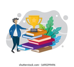 Man with book and trophy illustration template, Flat style design isolated on white background