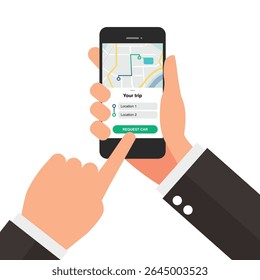 Man booking car by application on smartphone. Vector illustration