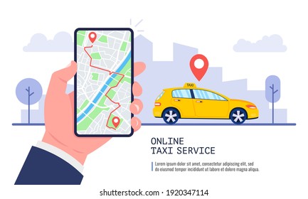 Man booking a car on smartphone with map. Taxi app on the screen. Taxi service concept. Vector.