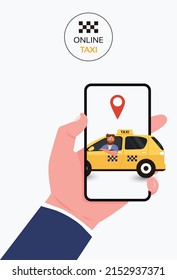 Man booking a car on smartphone. Taxi app on the screen. Taxi service concept. Vector.