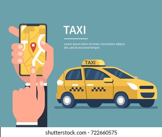 
Man booking a car on smartphone with map. Taxi service concept. Flat style vector illustration.