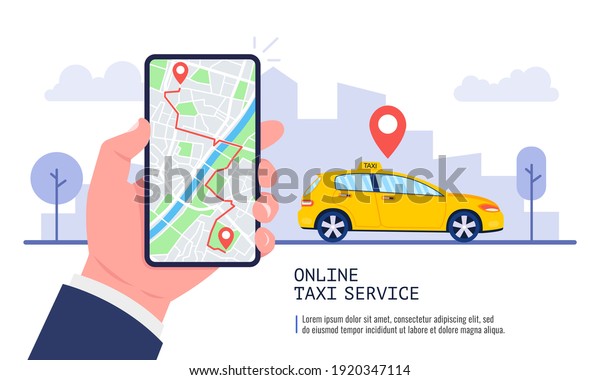 Man booking a car on smartphone\
with map. Taxi app on the screen. Taxi service concept.\
Vector.