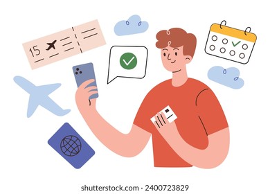 Hombre reservando un vuelo, comprando billetes de avión en línea, planeando viajes maquetación a mano, ilustración vectorial de la aplicación de viaje en smartphone, reserva de viaje en avión, clipart de color sobre blanco