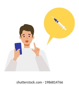 Man is booking his vaccine on his smartphone. Concept for coronavirus vaccination. Vector flat illustration.