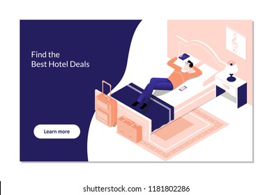 Man Booking Hotel Reservation On Digital Tablet.Vector Isometric Hotel Room Icon