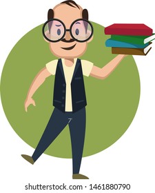 Mann mit Büchern, Illustration, Vektorgrafik auf weißem Hintergrund.