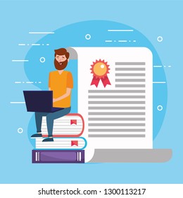 man with books knowledge and laptop technology