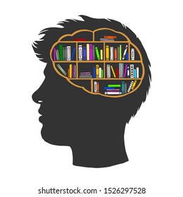 Man with books library in brain vintage sketch engraving vector illustration. Metaphor of knowledge and erudition. T-shirt apparel print design. Scratch board imitation.