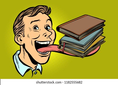 man with books in a long tongue. Comic cartoon pop art retro vector illustration