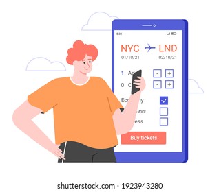 El hombre carga un billete de avión en la aplicación en su smartphone. Tecnologías digitales para viajes cómodos. Ilustración plana vectorial.