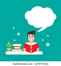 man with books and speech bubble on turquoise background. creative teacher or tutor giving advice. flat vector illustration. Hints and tints. Questions and answers.