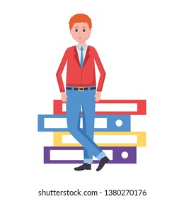man with books stacked