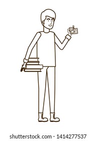 man with books in white background