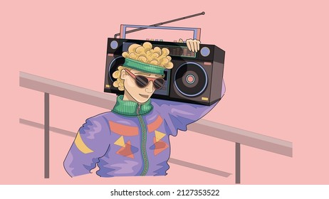 Man with a boombox. Bright colours of 80s, 90s. Cartoon comics style. Black outline.