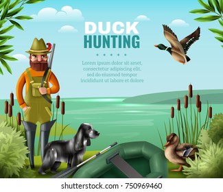 Man In Boots With Gun For Duck Hunting, Hound And Oar Boat On River Coast Vector Illustration