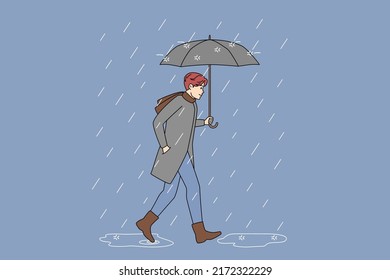 Man in boots and outerwear walking in rain under umbrella. Guy out on rainy day. Weather and climate change. Vector illustration. 