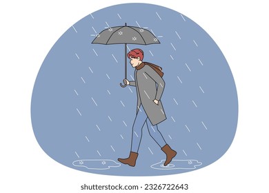 Man in boots and outerwear walking in rain under umbrella. Guy out on rainy day. Weather and climate change. Vector illustration.