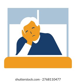 Man bored at window, resting head, tired, uninspired, dull expression, sitting inside.