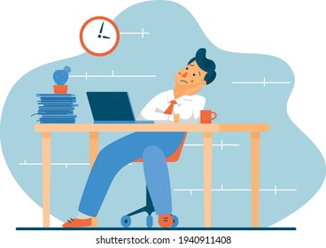 the man is bored at work, does nothing and looks at his watch