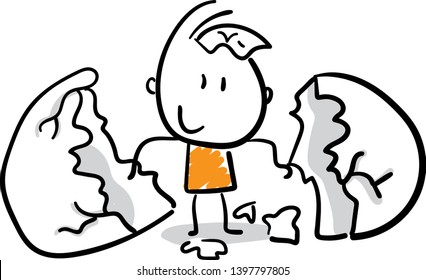 Man born from the egg. hand drawn doodle line art cartoon design character - isolated vector illustration outline