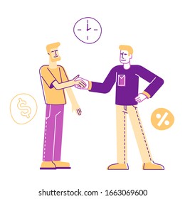 Hombre Prestatario Agitando la mano con empleado que contrae deuda en el banco o en la organización de microcrédito. Préstamo bancario, Concepto de trato. Solución rápida de problemas financieros, ilustración de vectores planos de caricaturas, arte de línea