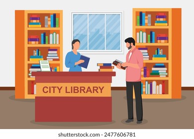A man is borrowing a book in the library with the librarian