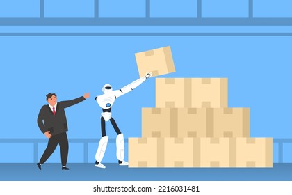 man boss and robot loader worker lifting cardboard boxes warehouse storage vetor illustration