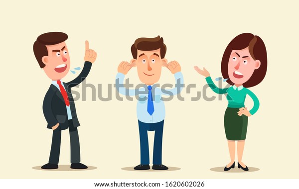 Man boss and woman manager are yelling at\
person. Employee plugged ears with fingers and does not listen to\
anyone, ignores it. Business vector illustration, flat cartoon\
style. Isolated\
background.