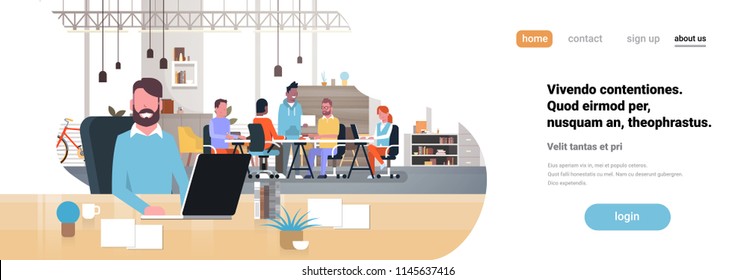 Man Boss Workplace Over Casual Team Brainstorming Meeting Group People Sitting Together Office Communication Flat Horizontal Banner Copy Space Vector Illustration