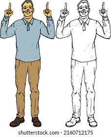 Man with both finger pointing upwards to the sky, isolated against white. Hand drawn vector illustration.