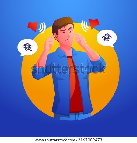 a man with both hands covering their ears to protect them from uncomfortable, loud and disturbing sounds