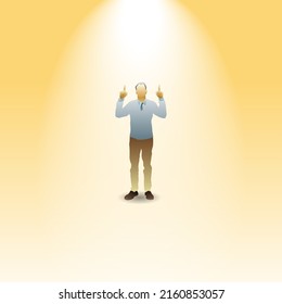 Ein Mann mit beiden Fingern, der auf ein leuchtendes Licht zeigt. Handgezeichnete Vektorgrafik.