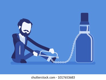 Man with bottle in alcohol dependency. Young frustrated person with addiction to alcoholic drink, unhealthy dangerous abuse and habit, unable to get rid. Vector illustration with faceless characters