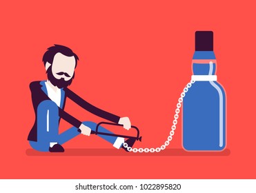 Man with bottle in alcohol dependency. Young frustrated person with addiction to alcoholic drink, unhealthy dangerous abuse and habit, unable to get rid. Vector illustration with faceless characters