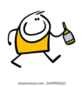 Un hombre con una botella va a una fiesta. Ilustración vectorial de un stickman de dibujos animados que lleva champán, vacaciones y bebidas alcohólicas. Beba vino tinto. Caricatura aislada sobre fondo blanco.