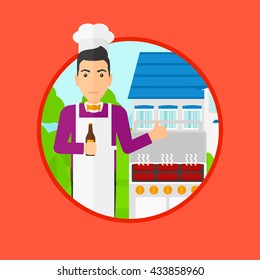 Man with bottle in hand cooking meat on gas barbecue grill in the backyard and giving thumb up. Man cooking meat on barbecue. Vector flat design illustration in the circle isolated on background.