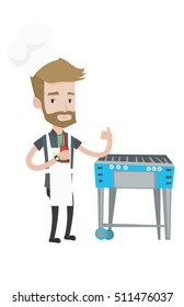 Man with bottle in hand cooking meat on gas barbecue grill and giving thumb up. Hipster man with beard cooking meat on barbecue grill. Vector flat design illustration isolated on white background.