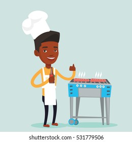 Man with bottle in hand cooking steak on gas barbecue grill and giving thumb up. An african-american man cooking steak on the barbecue grill outdoors. Vector flat design illustration. Square layout.