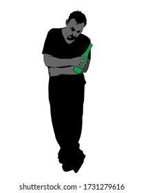 Um homem com uma garrafa na mão fica sobre um fundo branco. Imagem sobre os perigos do alcoolismo