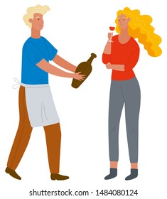 Man with bottle offering red wine to woman with glass. Female character tasting alcoholic beverage from grapes. Male waiter in apron. Vector illustration in flat cartoon style