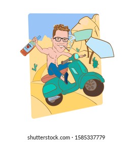 A man with a bottle of whiskey and a cigarette rides a motobike along a desert road.A bare-chested biker in jeans and sneakers travels through a sandy desert. Background - are mountains of sand.Vector