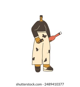 Man with bottle of wine and phone. Cute character with alcohol beverage. Vector hand drawn illustration isolated on white background.